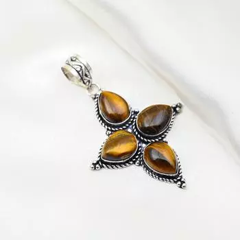 Твердый кулон из стерлингового серебра 925 пробы с тигровым глазом, кулон из драгоценного камня ручной работы, подарок для мамы, антикварные ювелирные изделия 2.55 Inches жёлтый
