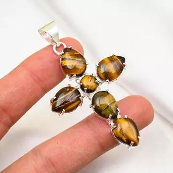 Твердый кулон из стерлингового серебра 925 пробы с тигровым глазом, кулон из драгоценного камня ручной работы, подарок для мамы, антикварные ювелирные изделия 2.75 Inches жёлтый