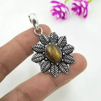 Твердый кулон из стерлингового серебра 925 пробы с тигровым глазом, кулон из драгоценного камня ручной работы, подарок для мамы, антикварные ювелирные изделия 1.96 Inches жёлтый