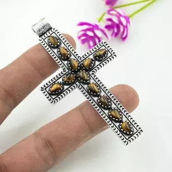 Твердый кулон из стерлингового серебра 925 пробы с тигровым глазом, кулон из драгоценного камня ручной работы, подарок для мамы, антикварные ювелирные изделия 3.07 Inches коричневый