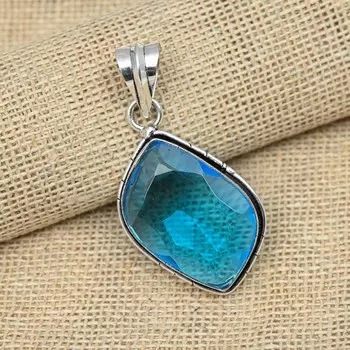 Твердый стерлинговый серебристый стерлинговый серебристый 925 Синий топаз Драгоценный камень Ювелирные изделия ручной работы Дизайнерский кулон 1.96 Inches синий