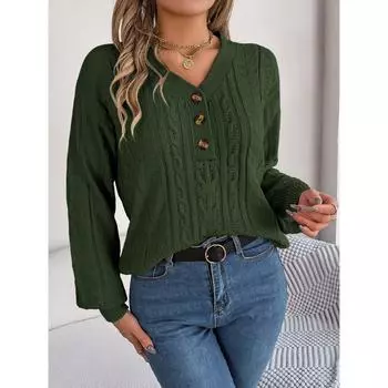 Твердый жареный переплетенный узор из теста с V-образным вырезом и пуговицами, рукав-фонарик, длинный рукав, свитер-пуловер для женщин S белый