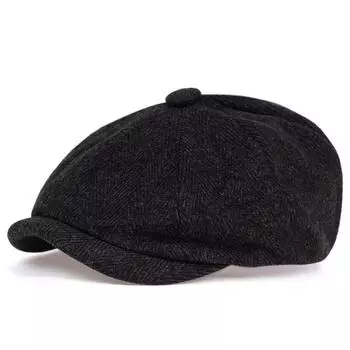 Твидовая шляпа газетчика Берет Шляпы «Гэтсби» с узором «елочка» Уличные кепки Восьмиугольные кепки с козырьком Зима-Весна Береты в стиле хип-хоп XL чёрный