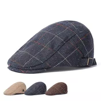 Твидовая шляпа с рисунком «ёлочка» и язычком утки, зимняя утолщенная мужская шляпа-берет, ретро-кепка M56-58cm тёмно-синий