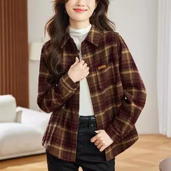 Твидовая толстая клетчатая рубашка для женщин на весну, новая корейская ретро свободная повседневная универсальная рубашка для женщин M красный