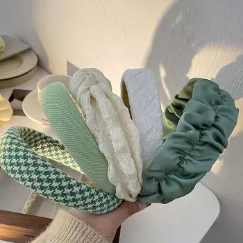 Твидовые повязки для волос в клетку с губкой и широкими боковыми сторонами, модные винтажные женские повязки для волос во французском зеленом цвете в клетку, простые аксессуары для волос для девочек