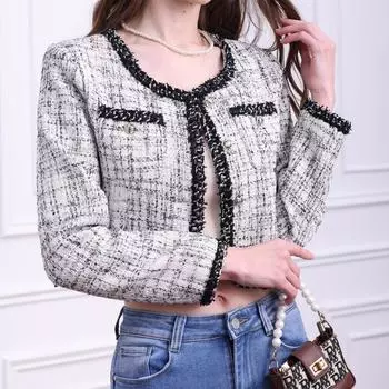 твидовый французский маленький ароматный пиджак женский 2024 осень и зима новый короткий темперамент тонкий пиджак топ S