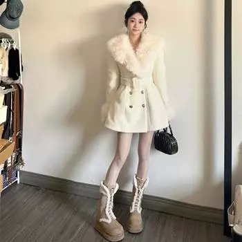 Твидовый пиджак женский зимний премиум Sense утолщенный теплый пончо пальто высокое качество женское пальто S бежевый