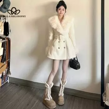 Твидовый пиджак женский зимний премиум Sense утолщенный теплый пончо пальто высокое качество женское пальто S бежевый