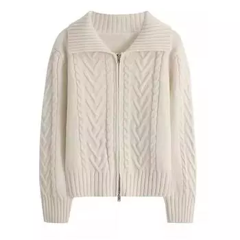 Twist diamond-shaped plaid lapel zipper temperament ladies sweater jacket, niche thickened outerwear lazy knitted cardigan one size fits all