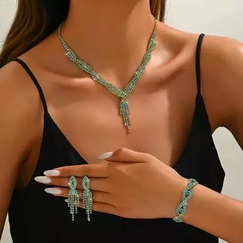 Twist Necklace, Stud Earrings, Bracelet, Middle East, Three-Piece Set, Popular Jewelry, Luxury Full Diamond Rhinestone Set.