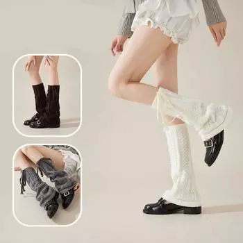 Twist Ruffle Socks Bindings Lace Up Socks Solid Color Knitted Leg Warmers Autumn серый