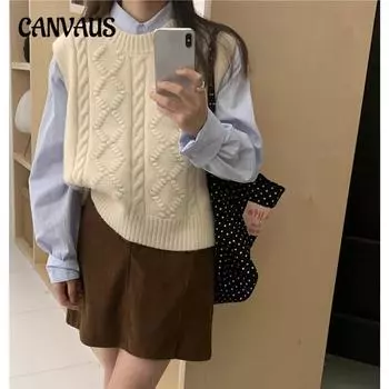 Twist Textured Crew Neck Жилет Жилет Женский Осенний Свободный Сложенный Трикотажный Жилет Топ One size бежевый