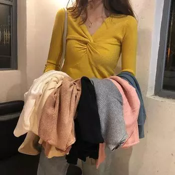 Twisted Cross V-neck Slim Fit Knitted Sweater for Women Autumn Long Sleeve Casual Pullover Women s Sweaters Winter Solid Casual Base Knitwears 25043 One Size белый