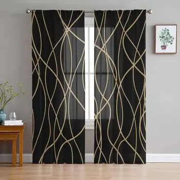 Twisted Lines Modern Art Black Sheer Curtains for Living Room Decoration Window Curtains Kitchen Tulle Voile Organza Curtains W135 x H115cm x1