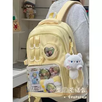 Two-Dimensional Style Large Food Bag Women Transparent Bar Pain Bag Backpack Junior High School Girls JK College Student Party Backpack Yellow send cute cat