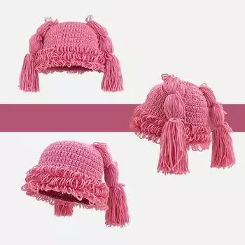 Two-dimensional yuan pink twist braid wig wool hat women s autumn and winter warm sweet personality knitted hat M56-58cm
