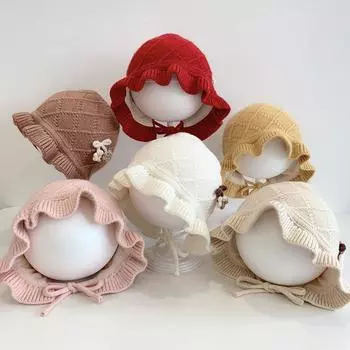 Two flower rhombus baby hat autumn and winter wool hat winter children s cotton warm baby knitted hat Suitable for about 6-36 months (45-50cm) белый