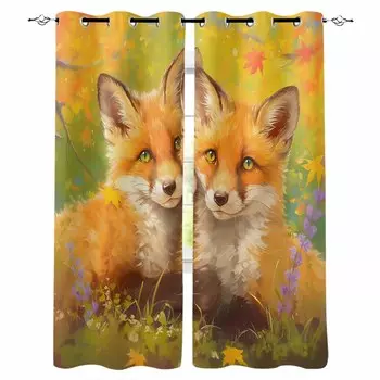 Two Foxes With Maple Leaves In Autumn Blackout Curtains For Living Room Bedroom Window Treatment Blinds Drapes W135 x H60cm