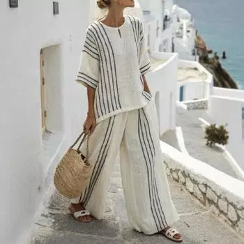 Two-piece Set of Women s Round-neck Striped Short-sleeved Top and Casual Pants S