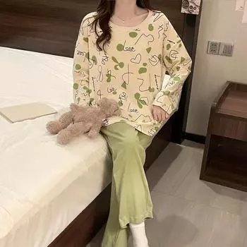 Two Piece Set of Womens Pajamas with Spring Autumn Prints Long Sleeved Round Neck Top Elastic Waisted Pants Casual Home Wear Set S