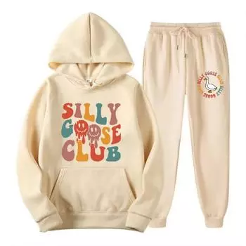 Two Piece Set Street Womens Hoodie Pants Loose Warm Soft Pullover Silly Goose Club Letter Printing Streetwear Clothing S