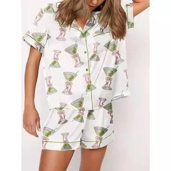 Летний женский пижамный комплект из двух частей, коктейльная рубашка с принтом бабочек и шорты, одежда для сна, домашняя одежда S зелёный