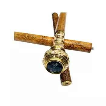 Two Pillar Compass Brass Head Handle Leather Wooden Walking Stick Canes Gifts