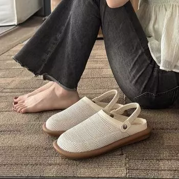 Two wear flat-soled linen sandals women s summer new mesh breathable hole shoes bag head half slippers outside wear 35