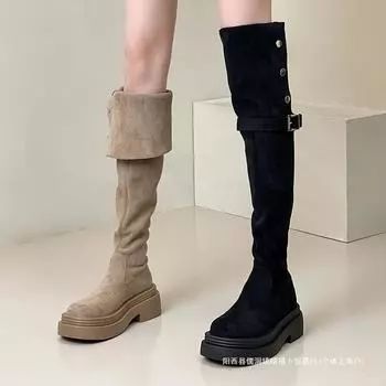 Two wear folded thick-soled boots children s spring and winter 2025 new thick-heeled knee knight boots 35
