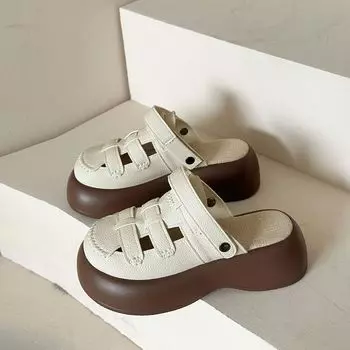 Two wear hollowed-out bag head slippers women s 2025 summer new hole hole Mori Roman shoes platform half slippers women s outer wear 35