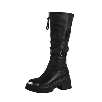 Two wear pointed metal head high tube fashion boots long boots women s spring new front zipper thick sole heightening knight boots 35