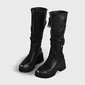 Two wear pointed metal head tall fashion boots long boots women s front zipper thick sole heightening knight boots 35