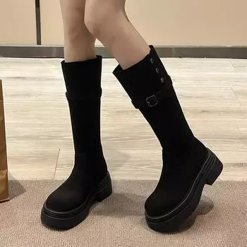 Два носят замшевые толстые подошвы, чтобы выглядеть тонкими, но сапоги до колена женские 2024 ретро складной британский стиль толстый каблук тонкие сапоги прилив 35 коричневый