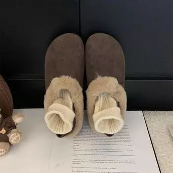 Two wear women s velvet autumn and winter new retro fluffy half drag women flat bottom ugly cute lazy one foot cotton shoes 35