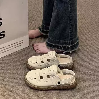 Two wearing hollowed-out bag head sandals for women in 2025 new literary hole thick-soled Mori Roman half slippers for summer wear 35