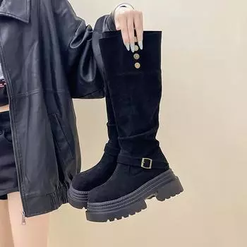 Two wearing knight boots fashionable and versatile retro thick heel platform boots women s new autumn and winter look thin 35