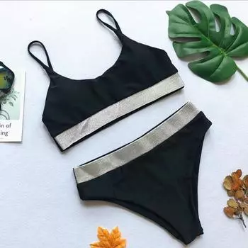 Twopiece Sexy High Waist Bikini Swimsuit Lady Beach Color Sequins Solid S