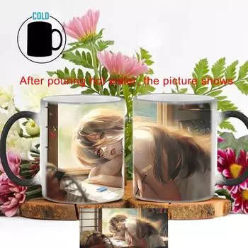 Творческая девушка на столе кружка для кофе, меняющая цвет BSKT-023, обесцвечивающая чашка, оригинальные кружки, керамические кофейные чашки оптом, аниме 350ml