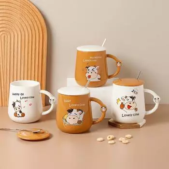 Творческая мультяшная керамическая кружка-ложка с крышкой, милая коровья чашка, кофейные кружки, красивые чайные кружки, чашки для кофе и чая, посуда для напитков 400ml