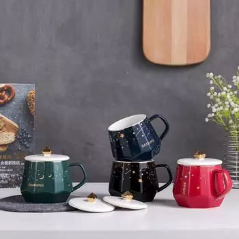 Творческая скандинавская чашка со звездой и бриллиантами Керамическая кофейная чашка Офисная чашка для воды Фильтр для чая Чашка с крышкой ZM1029 чёрный