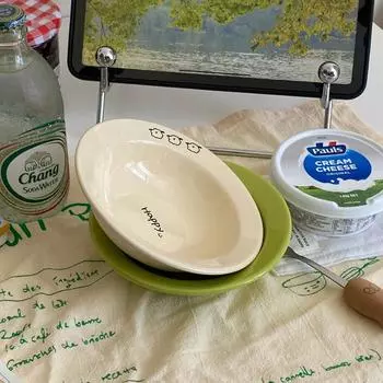 Творческая западная тарелка для десерта с пастой, ниша, зеленая керамическая миска, домашняя забавная мультяшная простая тарелка для украшения миски белый