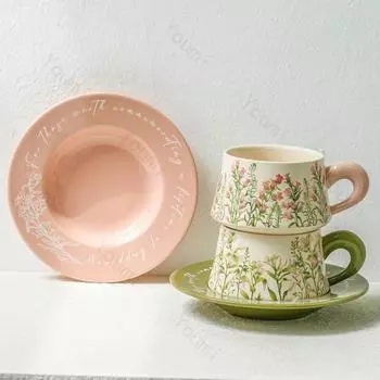 Творческие цветы Керамические кофейные чашки Высококачественная кофейня Изысканная чашка Бытовая чашка для завтрака Овсянка Молоко Подарки для пары