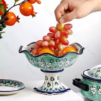 Творческие расписные керамические миски для послеобеденного чая, высокие ножки, фруктовые салатницы, изысканные блюда, тарелки, изысканная домашняя посуда