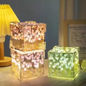 Творческий DIY Тюльпан Цветок Морской Куб Трехмерный Маленький Ночной Светильник Материал Упаковка для Подруги Пары Подруг синий