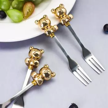 Творческий милый мультяшный медведь Кофейная ложка Десертная вилка Послеобеденный чай Фрукты 304 Нержавеющая сталь Столовые приборы Кухня Обед