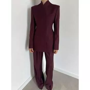 Twotwinstyle Commuter Casual Design Sense Collarless Single-Breasted Slim fit Blazers High Waist Trousers Set Angola red XL