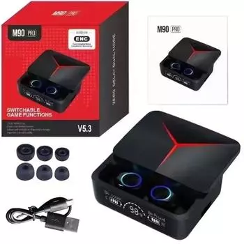 TWS M90 Pro Audifonos True Wireless Наушники с сенсорным управлением и долговечным аккумулятором Светодиодный индикатор питания Игровые наушники IPX7 Wireless чёрный