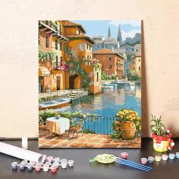 TY-42 Цифровая картина маслом, акварель, ручная роспись, набор для рисования стола и стула на берегу озера, украшение для гостиной, картина, рождественский подарок разноцветный