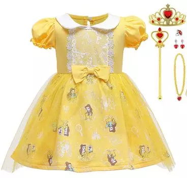 [TYHTYM] Belle Dress Princess Dress (Beauty and the Beast style dress + tiara etc.) 6-piece set Night dress Kids costume 90-130CM (Yellow, 90)